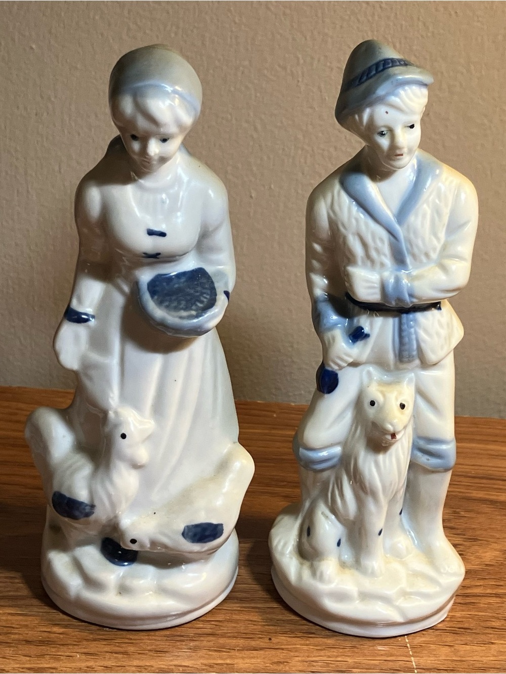 Vintage Pair of Dutch Figurines Woman Chickens Man Collie Dog Blue White